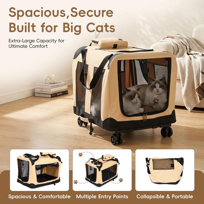 Rolling Pet Box with Telescopic Handle, Foldable Pet Travel Cart with Wheels, Breathable Mesh Dog and Cat Bag Trolley