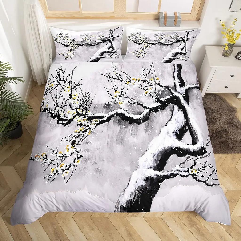 Japanese Fuji Mountain Duvet Cover Set Crane Bedding Set Watercolor Nature Tree Branches Comforter Cover Traditional Quilt Cover