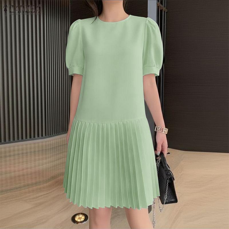 ZANZEA Women Casual Round Neck Solid Color Short Sleeve Pleated Dress