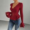 Women Tops Slim Fit V Neck Flared Long Sleeve Ruffle Detail Knitting
