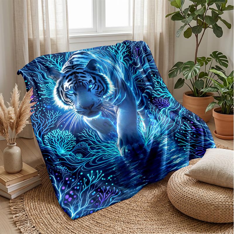 Blue Tiger Spirit Blanket Personalized Name Flannel Blanket Soft Cozy Plush Throw for Sofa Bed Lightweight Home Decor