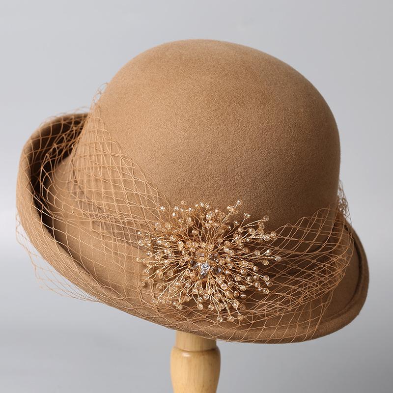 Autumn and Winter Wool Bucket Hat Women's Autumn and Winter Pearl Pot Hat Elegant Bow Temperament Versatile Felt Hat