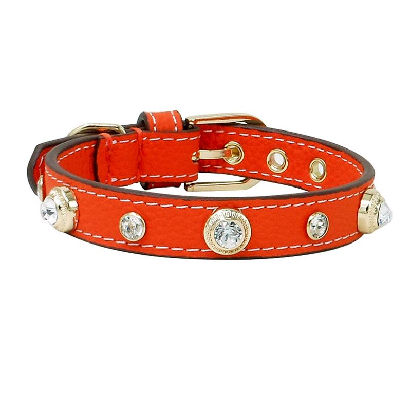 Achille Genuine Leather Pet Collar White Diamond White Gemstone Rivet Cowhide Collar Dog and Cat Collar Tractionable