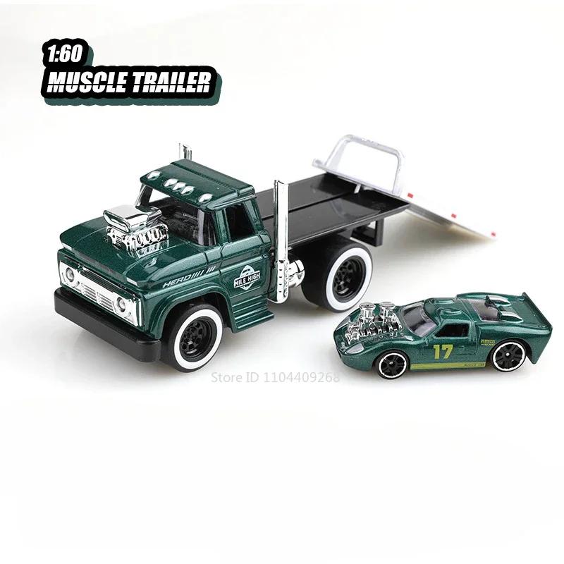 Scale 1:60 American Muscle Trailer Model Toy Car Sound Light Alloy Diecast Pull Back Flatcar Models Birthday Gifts for Kids