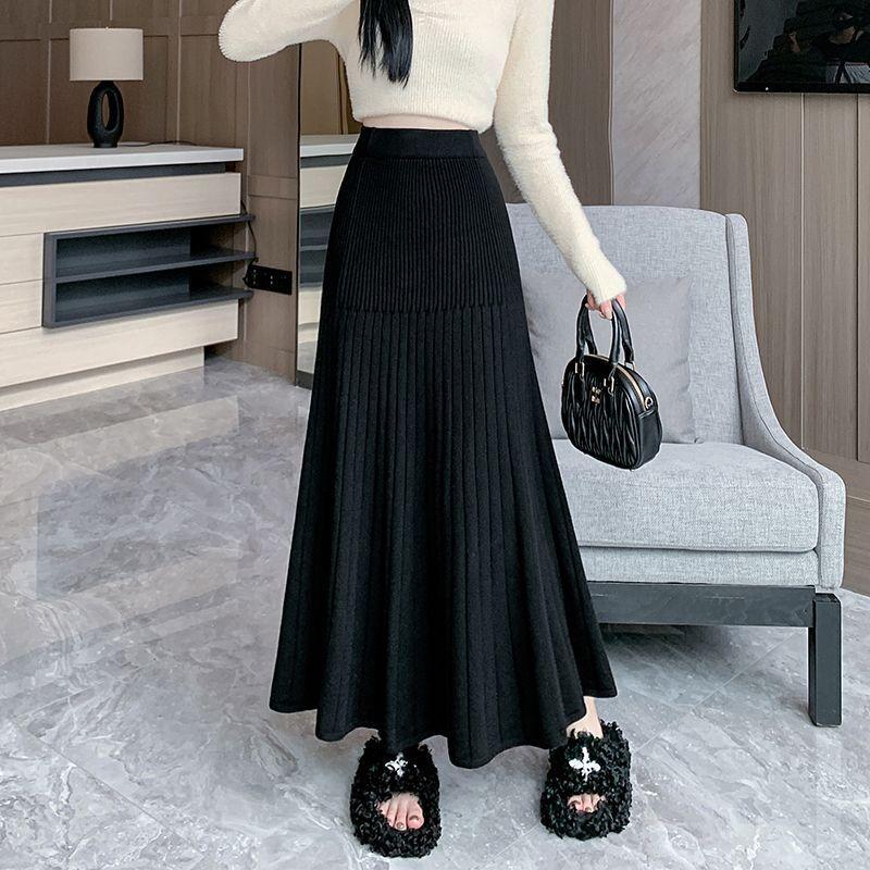 Fustă Midi Tricotată Plisată Sirenă Lungă de Toamnă Iarnă pentru Femei Talie Înaltă Elastică Croială Slim Drapată A-Line Bodycon