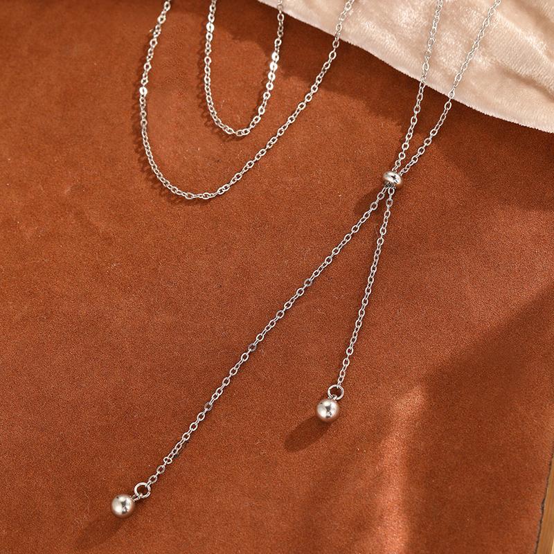 Korean Stainless Steel Y-Shaped Long Tassel Pendant Necklace for Women Simple Metal Ball Adjustable Sweater Chain Jewelry Gift