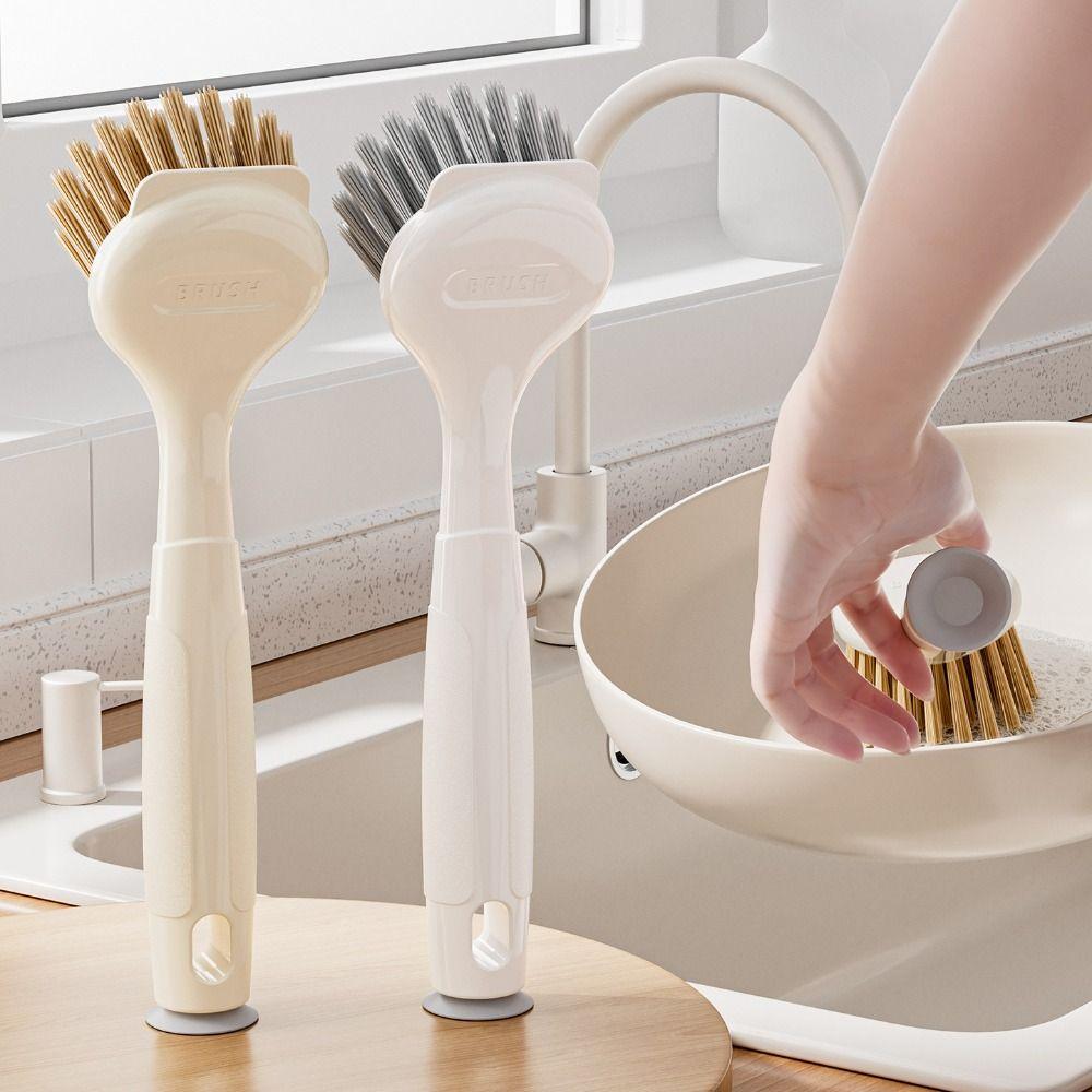 Long Handle Pot Brush Multipurpose Durable Dishwashing Brush with Suction Cup Bracket Dish Scrubber for Kitchen Pots Dishes Sink