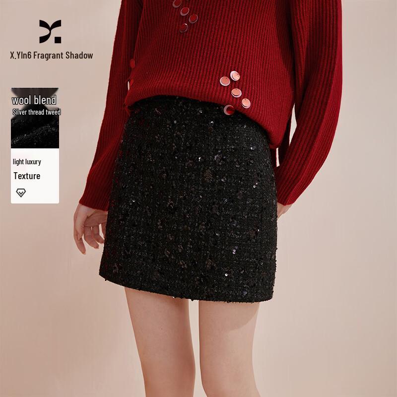 Xiangying Women s Black Sequin High-Waist A-Line Mini Skirt L