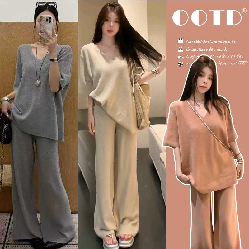 

Summer 2026 Gentle Maternity Two-Piece Set: Solid Color Short-Sleeve Top & Wide-Leg Pants - Breastfeeding Friendly Pink