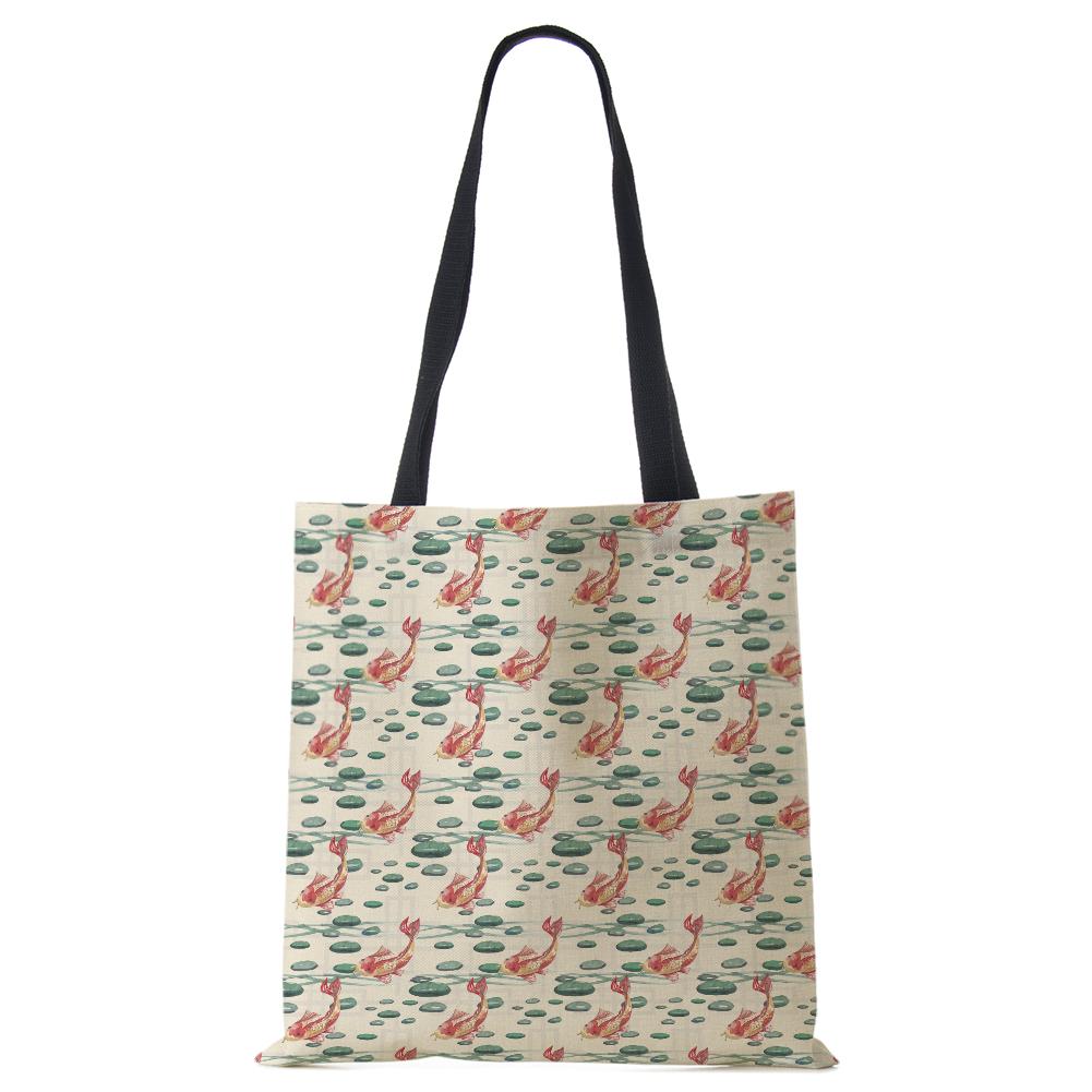 Lotus Leaf Bamboo Print Shopping Bags Women Folding Reusable Tote Shoulder Bag Scenery Canvas Casual Groceries Handbags 2022 CLE