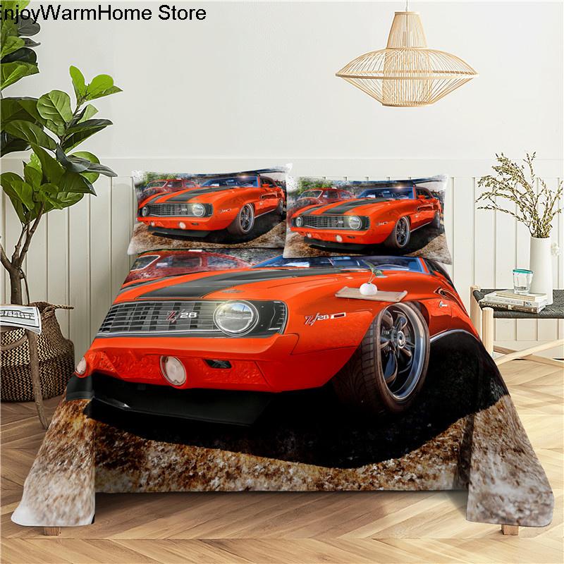 Sports Car Digital Printing Polyester Bed Flat Sheet With Pillowcase Cartoon Kids Gift Racing Cars Bedding