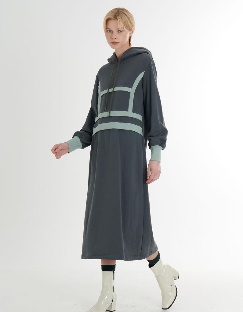 FREAKS BY KIMTAEHOON Cotton Spandex Terry Bag Brushed Fleece Structured Color Block Rib Detail Hooded Midi Dress _Dark Avocado Green