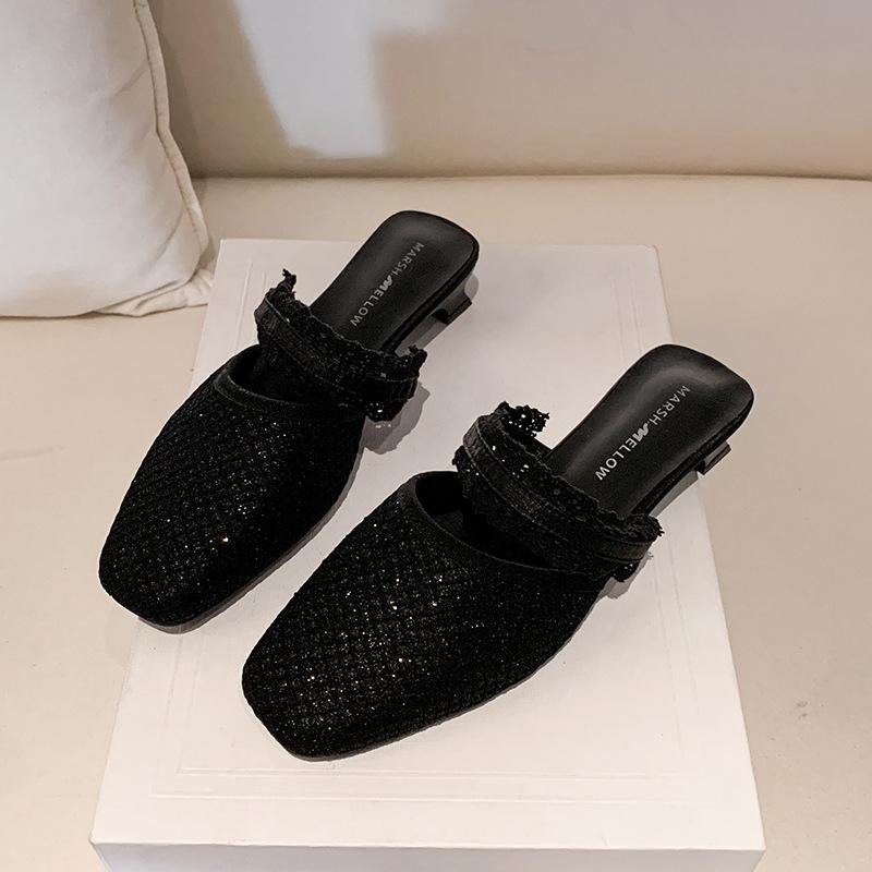 Rhinestone Fashion Outer Wear Bag Head Slippers 2025 Summer New Versatile Thick Heel Round Head One Pedal and Half Drag