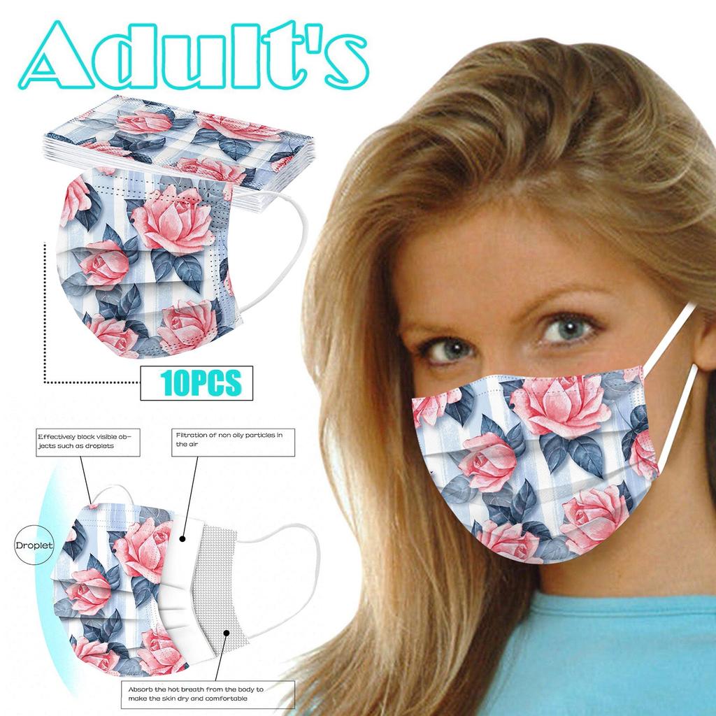 10pcs Flower Printing Adult Disposable Christmas Mask 3 Layer Earring Face Mask