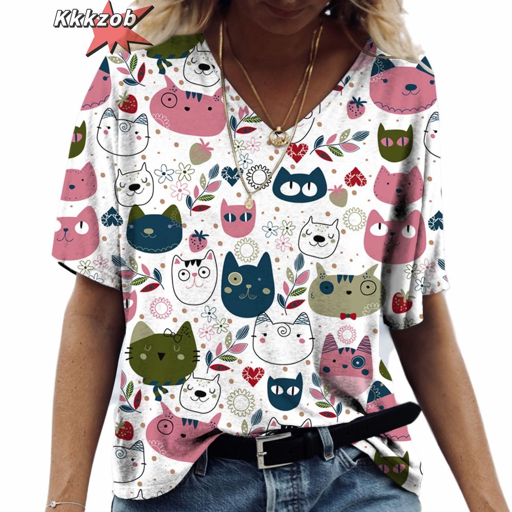 Anime Katzen-Print Damen T-Shirt 2024 Mode Harajuku Kleidung V-Ausschnitt Übergroß Kurzarm T-Shirts Damen Casual Streetwear Bluse