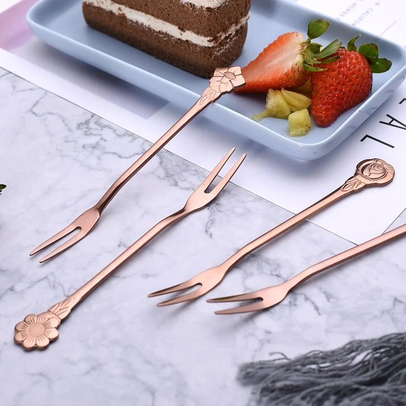 4PC Stainless Steel Coffee Spoon Teaspoon Gold Plated Sugar Dessert Fruit Fork Mirror Polishing Flowers Handle Coffee Dinnerware
