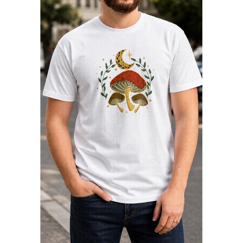Plus Size - Men's T-Shirt S-5XL Featuring a Whimsical Mushroom and Moon Graphic Print - A Casual Short-Sleeve Round-Neck Top With a Relaxed Fit,