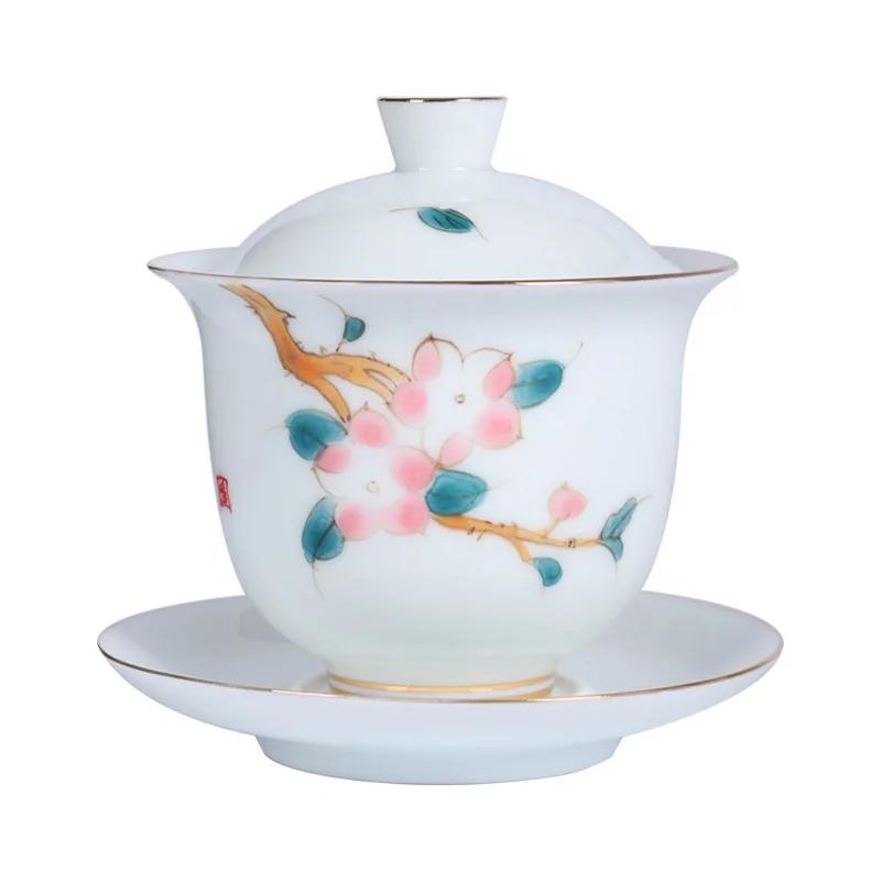 High Quality White Porcelain Gaiwan Portable Ceramic Tea Set Chinese Hand Painted Tea Bowl Tea Ceremony Accessories 170ml