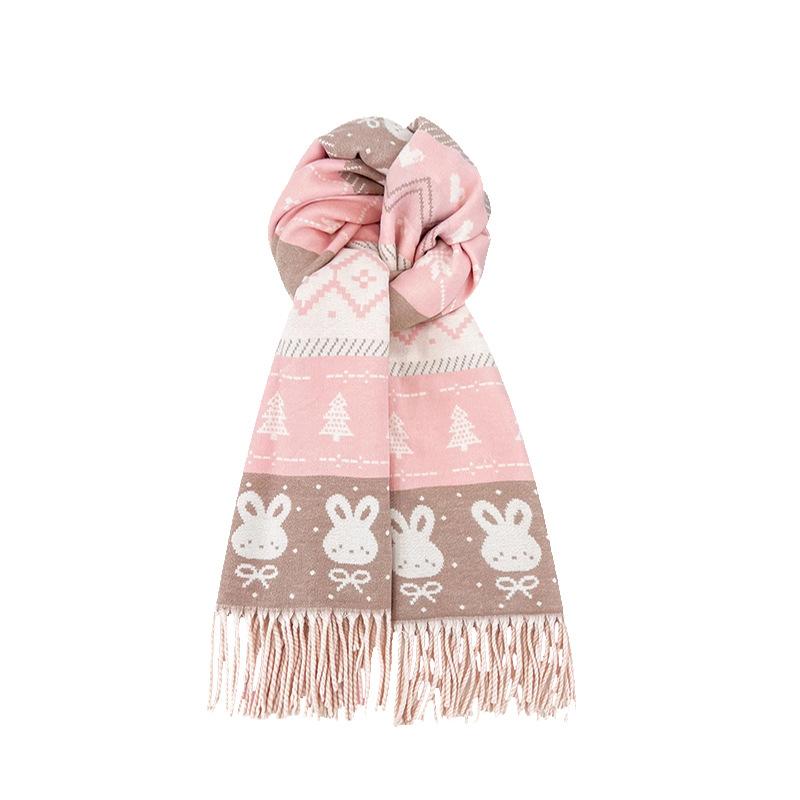 Three-color rabbit scarf, Korean retro fringed female autumn and winter student versatile warm atmosphere scarf