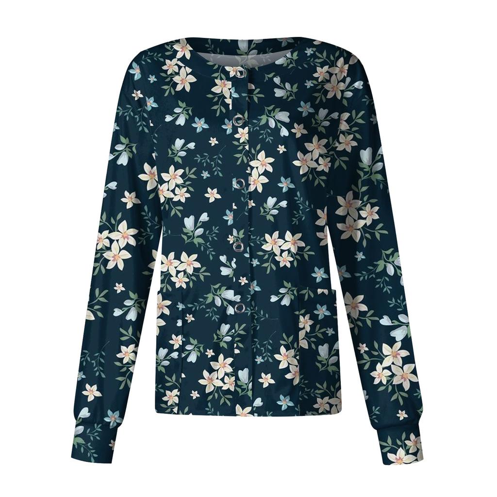 Frauen Langarm Druck Muster Tasche Arbeiten Stehkragen einreiher Schutz Overalls Strickjacke Jacke Top