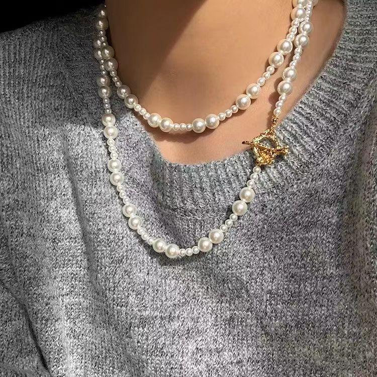 Long Alternating Pearl Necklace with OT Clasp - Stackable Sweater Chain, Autumn/Winter Jewelry (120cm) NL102