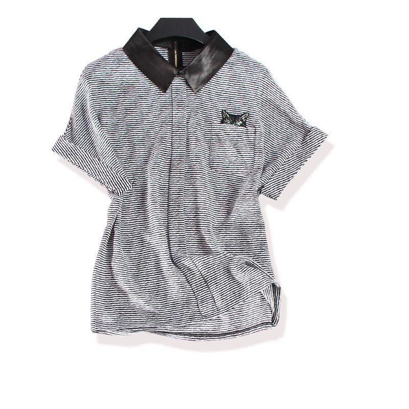 

It s So Simple ~ Life Attitude Female Summer Polo Collar Stripes Drop-Shoulder Sleeve Alien Cat Chiffon Shirt/T-shirt Chic Black L