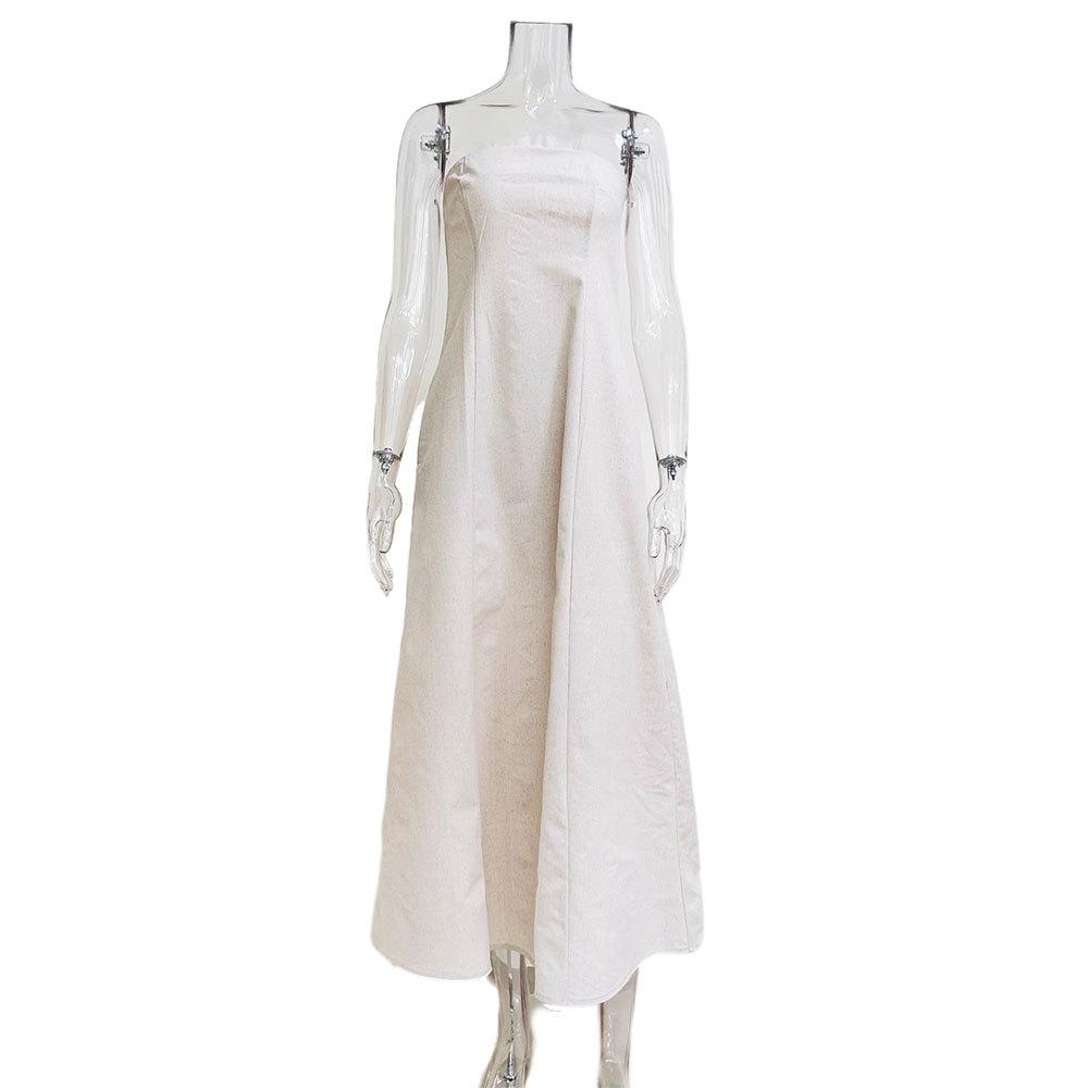 Summer New Vacation Style French Dress Khaki Cotton Linen Strapless Backless Long Dress for Women