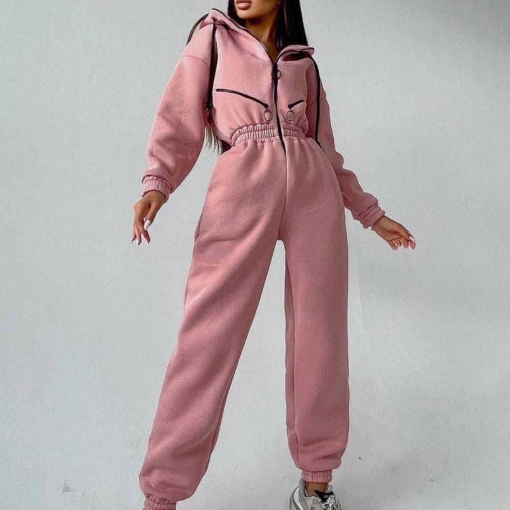 Sportslig avslappet damejumpsuit med dekorativ glidelås og hette