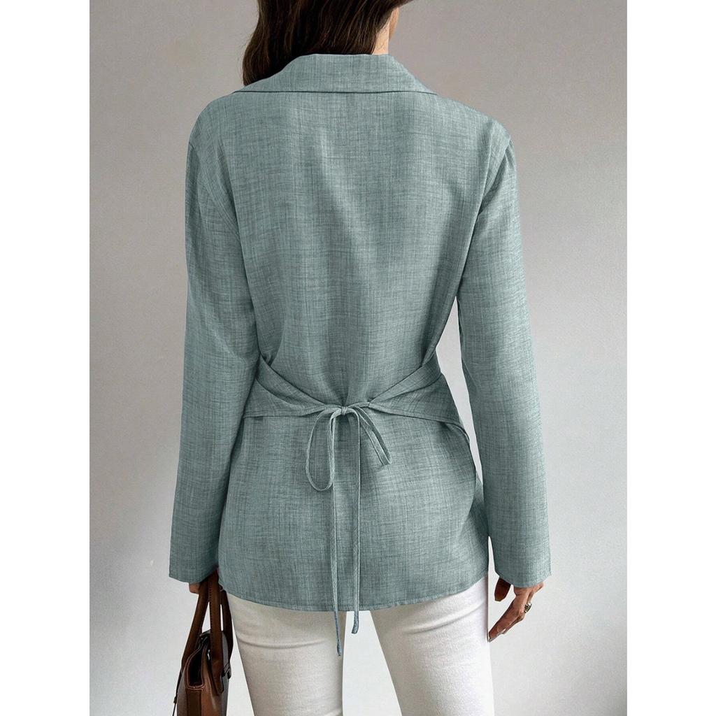 Spring and Autumn New Long Sleeve Shirt Lapel Strap Slim Temperament Commuter Cardigan Top