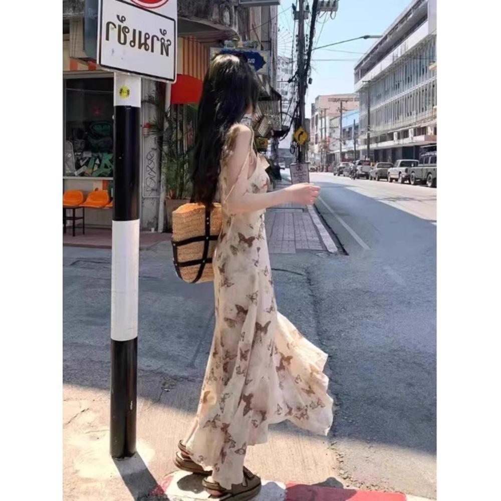 Butterfly Print Swinging Collar Suspender Dress Women's Summer 1111 New French Temperament Irregular Vacation Long Skirt