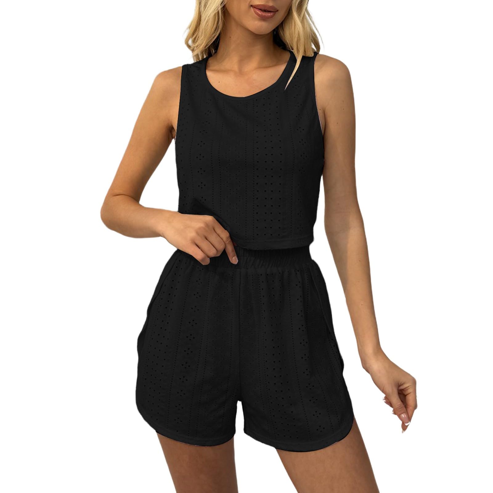 

Women s Summer Fashion Sleeveless Vest Top Elastic Waist Shorts Casual Sports Two-piece Set L чёрный