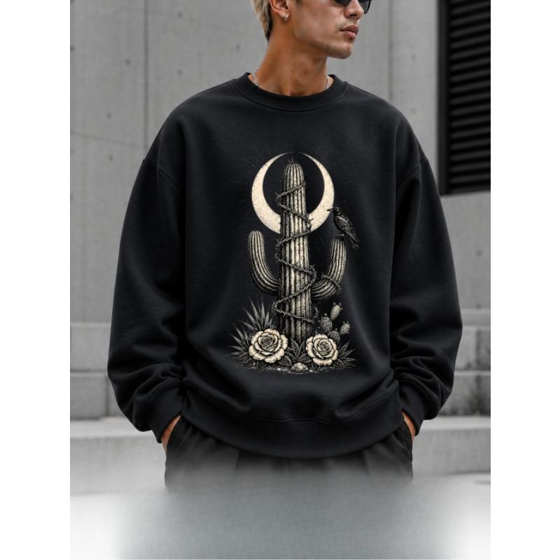 Vintage Gothic Cactus Moon Snake Rose Print Men's Crew Neck Sweatshirt, Casual Long Sleeve Fall Winter Gift.
