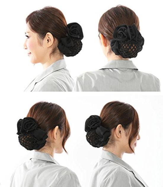 Bijin Kam Chignon Net with Chiffon Black Barrette, Rose,