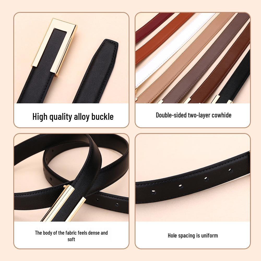 Women's Fashionable Gold Buckle Leather Belt - Versatile Cowhide Waistband for Dresses and Pants