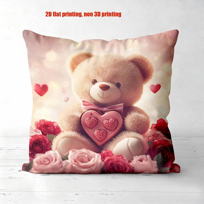 Teddy Bear Rose Heart Pillows 2D Flat Printing Polyester Pillowcase, Sofa Decorative Cushion Cov Headboard Pillow