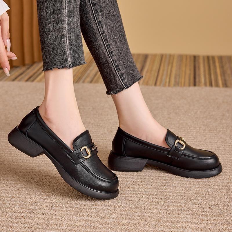 Popular versatile platform soft leather loafers women's 2025 spring and autumn British style small leather shoes black one-pedal single shoes