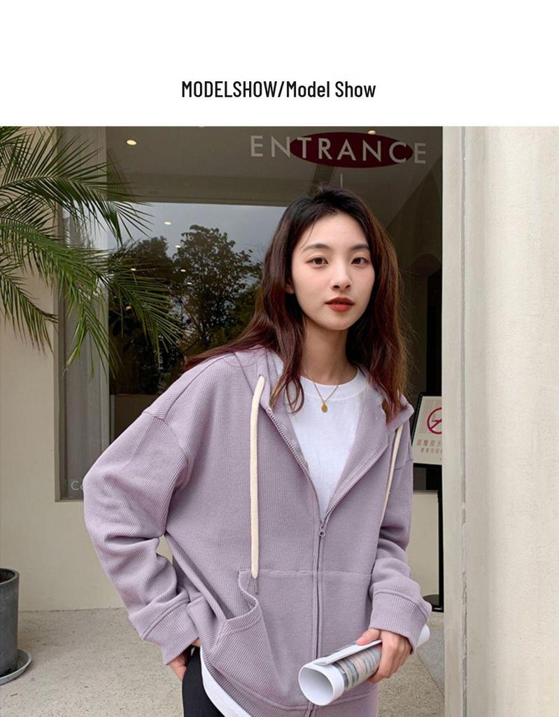 Women's Korean Style Waffle Knit Hooded Jacket (Spring/Autumn) - Slimming, Loose Fit, Plus Velvet, Zipper Cardigan Top