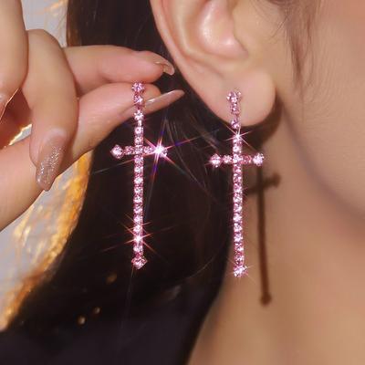 Temperamento Brilhante Cristal Cruz Brincos Longos Moda Alto Sentido De Brincos Rosa Brincos Femininos 1 Par