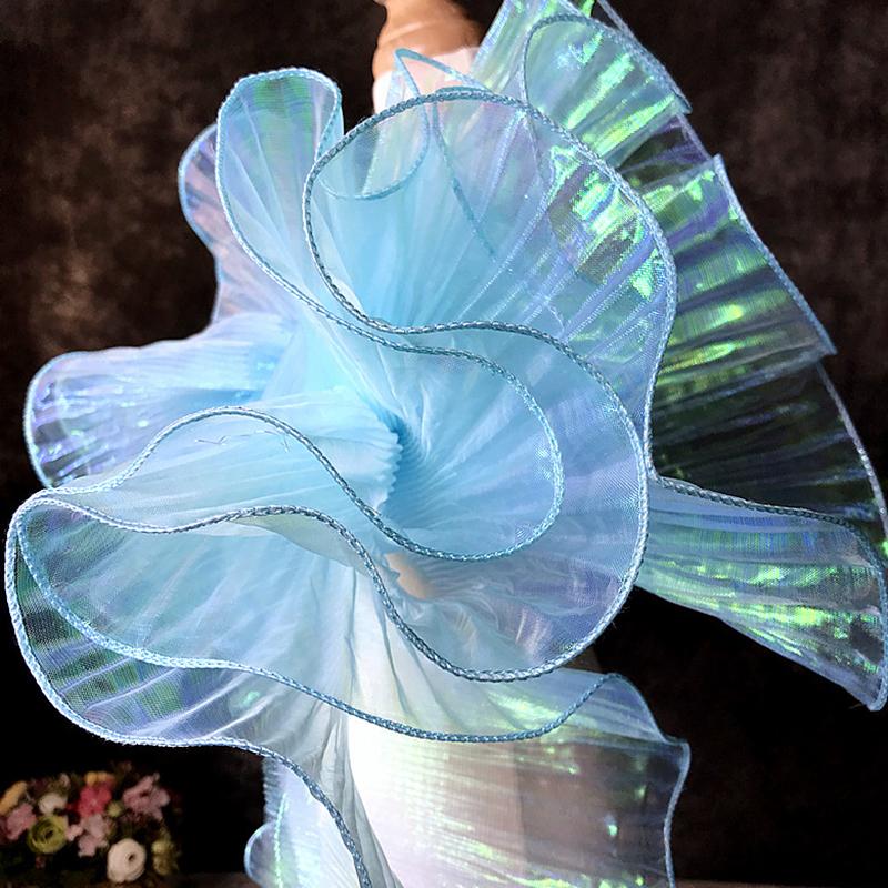 1Yard Lace Fabric Mermaid Ruffled Transparent Iridescent Laser Pleated for Wedding Sewing Costume Supply Craft