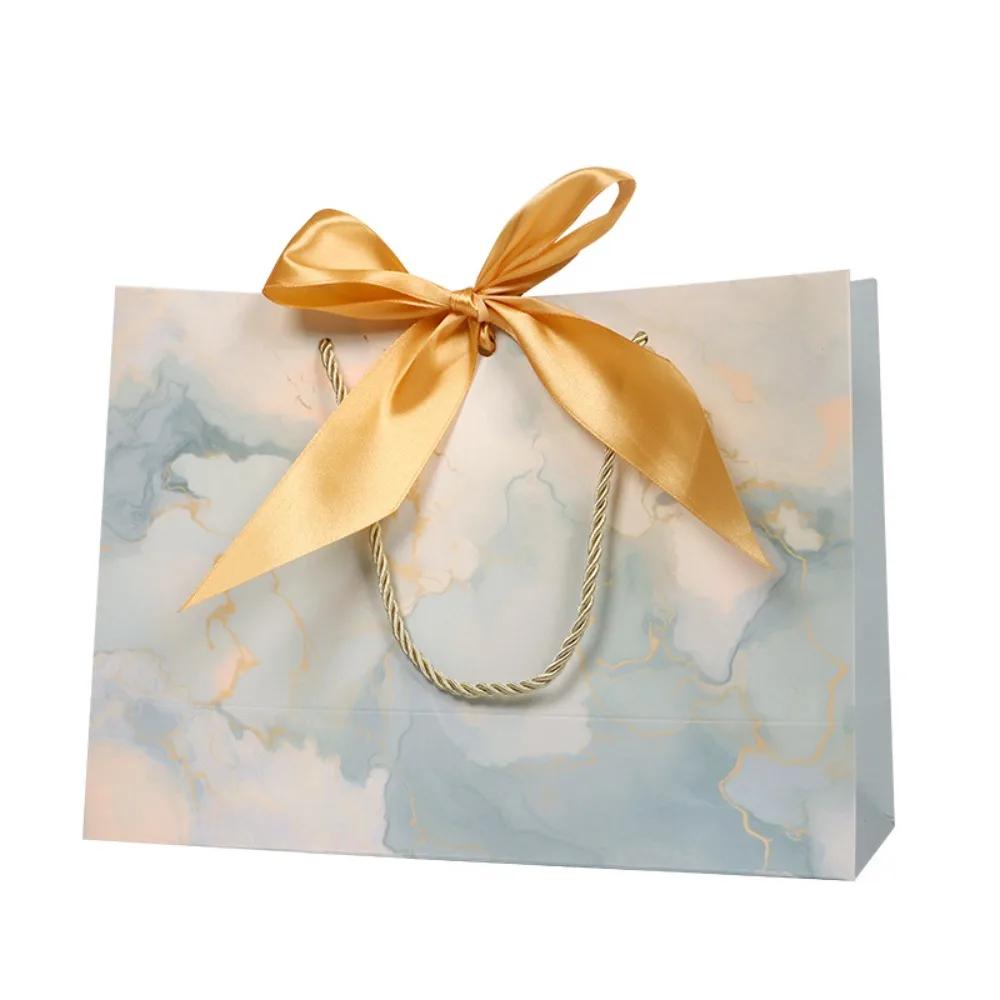 10Pcs Bow Ribbon Gift Paper Bag Portable Reusable Present Wrap Bag Convenient Multi Color Wedding Gift Bag