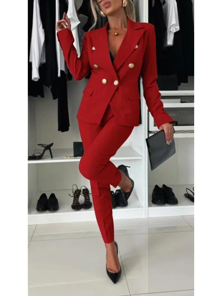 Women's Double Breasted Slim Fit Blazer and Trousers Suit Set