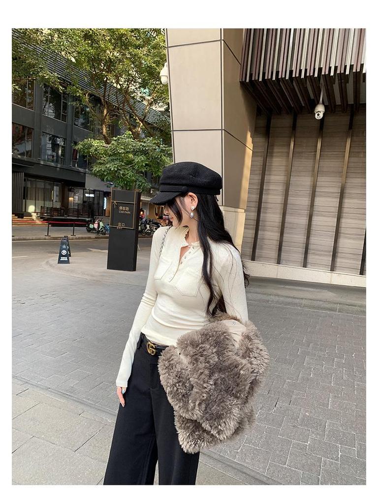 Women's Retro Henley Collar Knit Top - Autumn/Winter 2025, Waist-Cinching, Figure-Flattering, Solid Color.