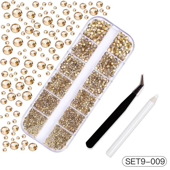 1 Set 12 Grids Nail Art Rhinestone Kit with Storage Box Drill Pen Tweezers Glass Flatback Rhinestone DIY Nail Design Crafting Decoration Fake Gems