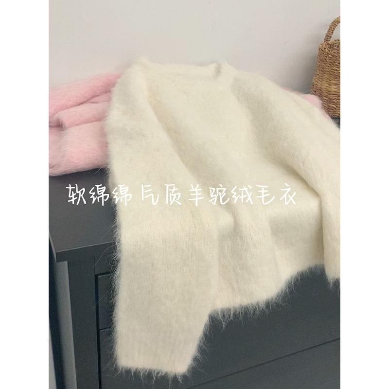 

Milk Huhu White Soft Waxy Alpaca Sweater Women s Crew Neck Pullover Plush Knitted Top one size fits all