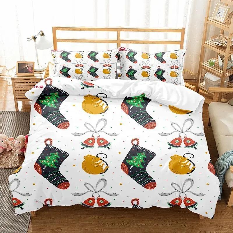 Christmas Kid Duvet Cover KingQueen Size,Red Christmas Socks Decoration 3 Piece Bedding,Merry Christmas Theme Quilt Cover,cream
