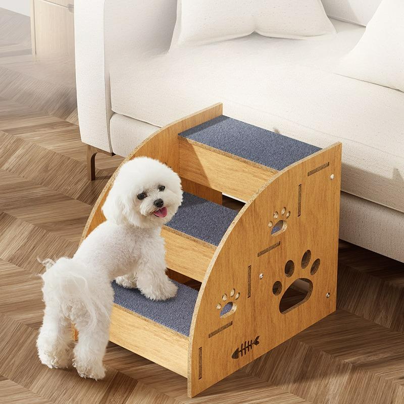 Wooden Dog Stairs Steps Non-Slip Blue Carpeted Steps Sturdy Pet Stairs Safe Pet Ladder Medium Dog Puppy Joint Safety Stairs