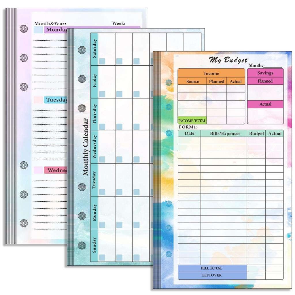 A6 Loose Leaf Náplň do notebooku Spirálová pořadač Vnitřní strana Stránka rozpočtu Týdně Měsíčně Uvnitř papírnictví