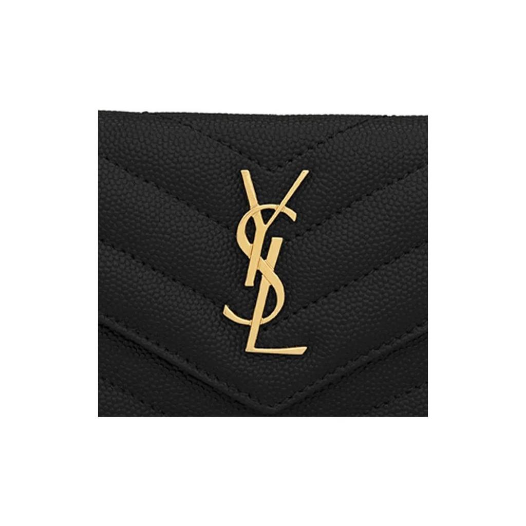 SAINT LAURENT YSL Gold Logo Grain Embossed Quilted Zipper Cowhide Leather Coin Purse Card Holder Women's Black