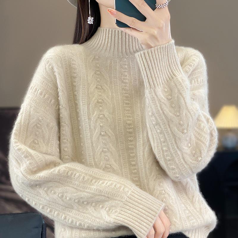 2026 Autumn/Winter Women's Cozy High Neck Knit Sweater - Solid Color, Loose, Warm Pullover