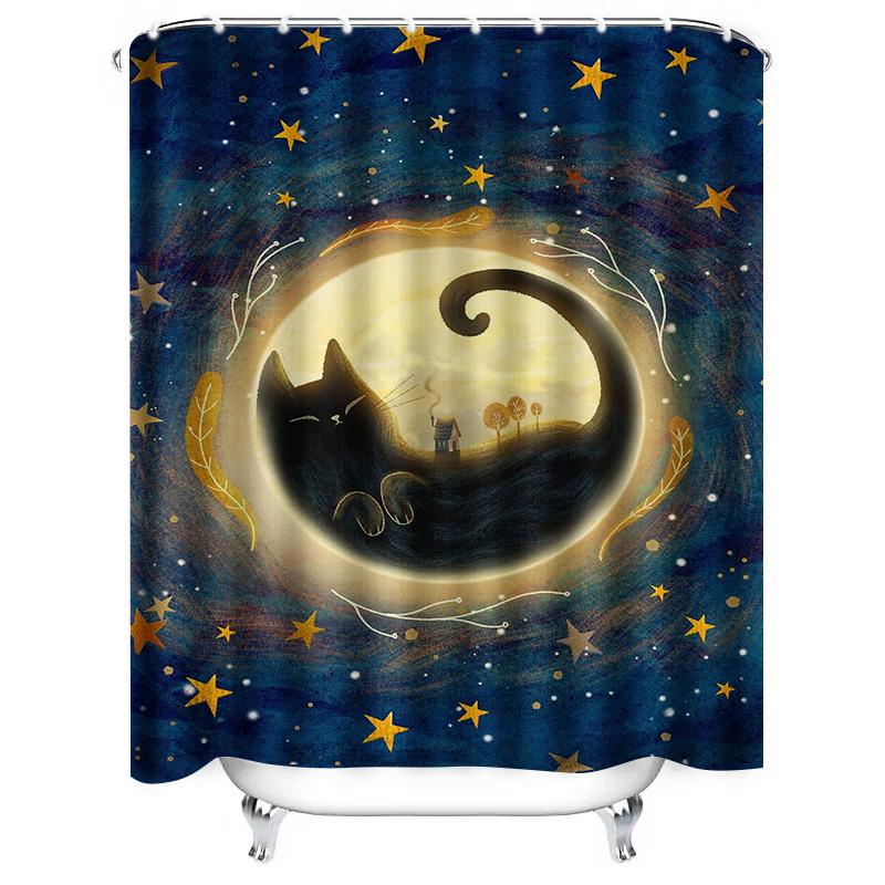 Whimsical Cat Moon Bath Curtain Night Sky Stars Soft Blue Fabric Shower Set for Bathroom Decor